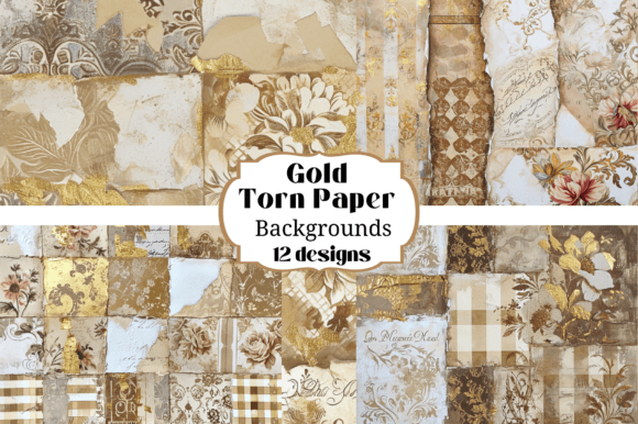 Elevate Your Designs with 12 Pretty Gold Torn Paper Backgrounds