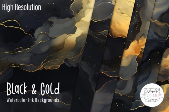 Elevate Your Visuals with Black & Gold Watercolor Ink Backgrounds